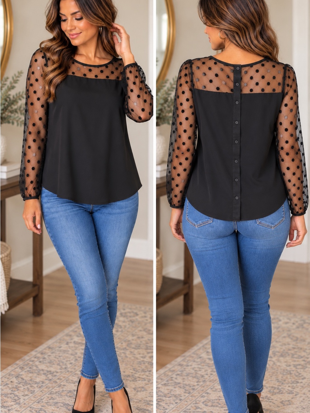 Sheer Polka Dot Panel Black Blouse - Women Tops SP